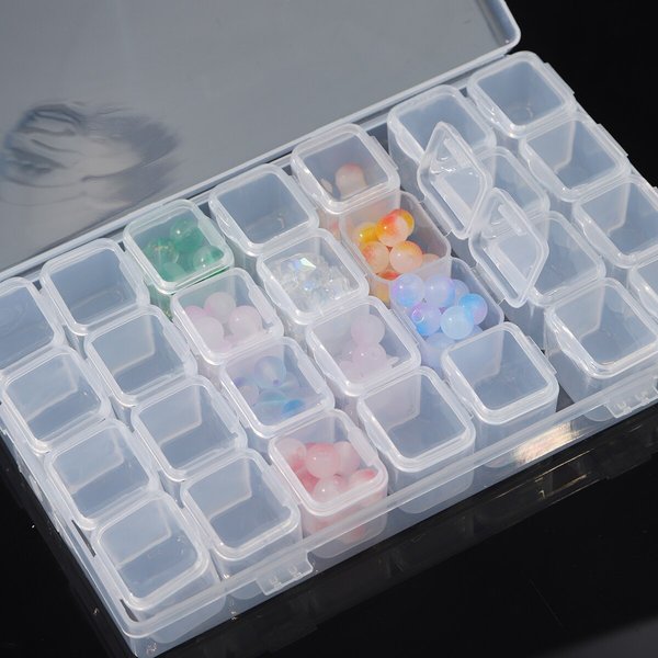 Boîte Africbox en Plastique à 28 Grilles, Mini Poignées, Décoration Amovible, Perle, Petit Rivet, Boîte de Rangement Semi Transparente