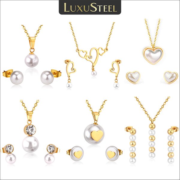 LUXUSTEEL Neue Koreanische Mode Perle Anhänger Halskette Ohrringe für Frauen Edelstahl Einfache Herz Form Perle Charme Set Schmuck
