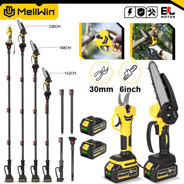 MELLWIN, tronçonneuse à chaîne 3 en 1 avec manche télescopique sans balais, 6 pouces, et ensemble de cisailles de taille 30 mm, outil de taille pour jardin, compatible avec batterie Makita 18 V.