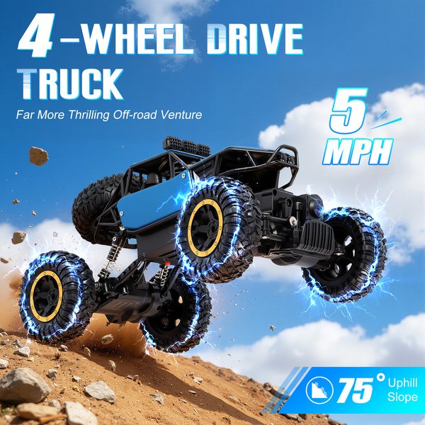 Voiture télécommandée 4x4 tout-terrain, camion télécommandé 2.4G avec lumière LED, jouet haute vitesse 8 km/h, cadeau pour enfants et adultes