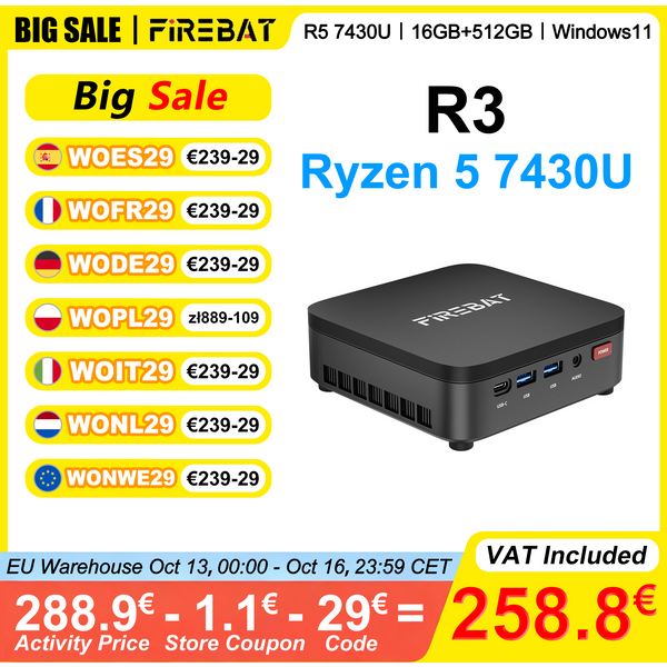 Mini PC FIREBAT R3 AMD Ryzen 5 7430U 16 Go de RAM LPDDR4 512 Go de SSD Windows 11 Wi-Fi 6 USB 3.0 BT5.2 Mini Ordinateur de Bureau Gaming