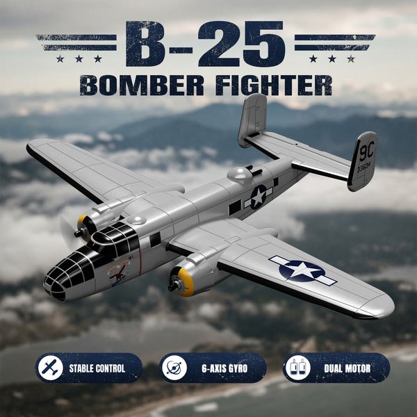Avion RC Volantexrc B25 Mitchell Bomber, 3 canaux, 6 axes, aile fixe, double moteur, planeur en mousse avec système de stabilisation Xpilot