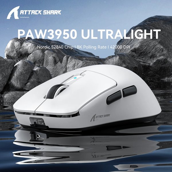 Attack Shark R6 Leichte kabellose Gaming-Maus, PAW 3950Max Sensor-Computermaus mit Nordic 52480, 8KHz Polling