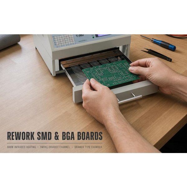 T-962 Reflow-Lötmaschine mit Rauchabzugskanal, 800W Infrarot-IC-Heizgerät für SMD BGA PCB Rework