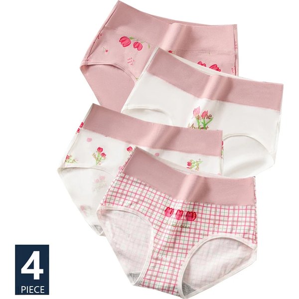 Culotte en coton taille haute pour femme, sous-vêtement moulant, respirant, imprimé mignon, slip pour fille, lingerie féminine douce, 4 pièces/ensemble