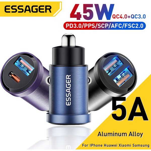 Essager USB C Car Charger 45W 5A Quick Charge 4.0 QC PD 3.0 SCP USB Type C Fast Charging For IPhone14 13 Huawei Samsung Xiaomi