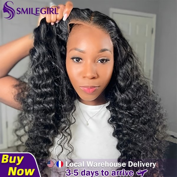 Perruque Smilegirl 5x5 Deep Wave sans colle, prête à porter, avec ligne de cheveux naturelle pré-épilée, perruque frontale 4x4 en dentelle, densité 180%, cheveux brésiliens vierges doux, sans adhésif,