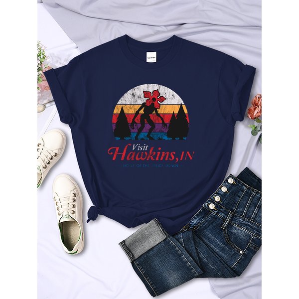 Visit Hawkins Vintage Distressed T Shirt Women Summer Casual Tshirt Fashion Street Crop Top Hip Hop Personality Tshirt Womens