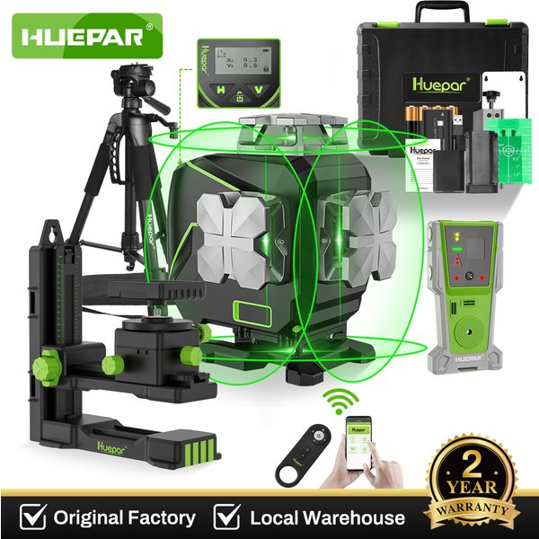 Huepar S04CG 16-Linien-Laser-Nivelliergerät, selbstnivellierendes Kreuzlinien-Laser-Nivelliergerät-Set mit Detektor, Stativ, Fernbedienung, LCD-Bildschirm