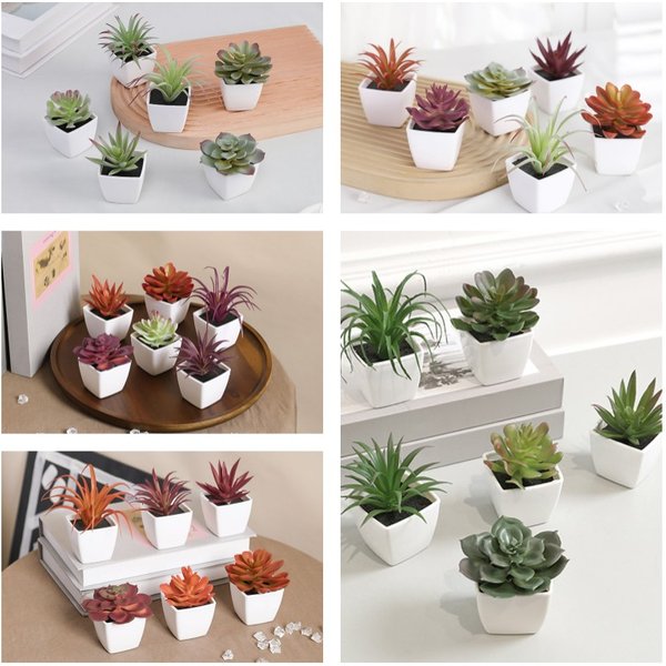 6PCS (SET) Mini Artificial Succulent Green Plant Plastic Wwhite Basin, Home Window Sill, Restaurant Desktop Bookshelf Decoration