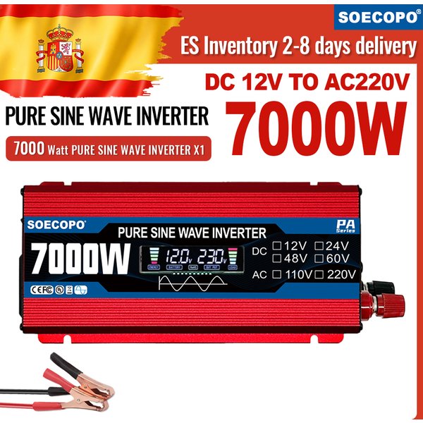 SOECOPO Zuverlässiger, geräuschloser und preisgünstiger 7000W Spitzenleistungs-Wechselrichter mit reiner Sinuswelle, Multi-DC-Eingang 12V zu AC 220V mit Universalsteckdosen, schneller Versand aus
