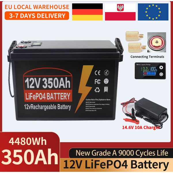 12V 24V 100Ah 150Ah 300Ah 350Ah LiFePO4-Batterie mit eingebautem BMS, Lithium-Eisenphosphat-Zelle, Klasse A, 9000 Zyklen Lebensdauer für Wohnmobile, Solaranlagen, Trolling-Motoren, EU-Lagerbestand