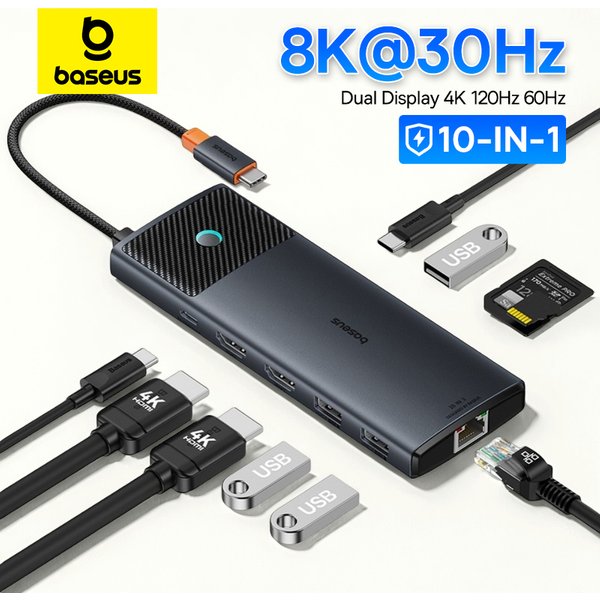 Baseus USB C HUB double HDMI 8K 4K adaptateur 10 en 1 USB 3.2 10Gbps séparateur avec RJ45 SD TF Type C PD 100W pour MacBook Pro Air HUB