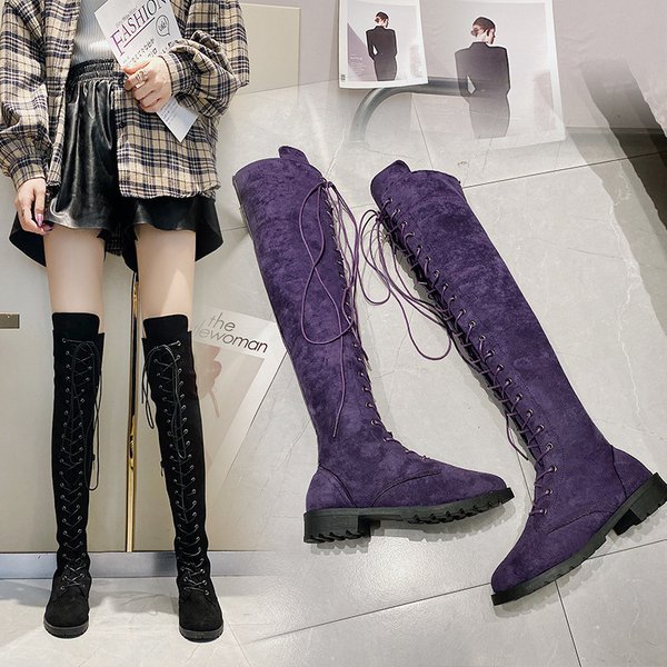 Nouveau Sexy à lacets femmes sur les bottes au genou en daim cuissardes Rome talons bas chaussures gothiques mode femmes chaussures grande taille 43