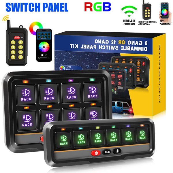 UNISHINE Kit de panneau de commande à 8 interrupteurs LED RGB avec télécommande sans fil et contrôle par application de téléphone, mode stroboscopique, boîtier de contrôle de circuit pour Wrangler JL