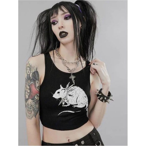 Mouse Print Black Tank Goth Sexy Bodycon Cropped Tops Women Streetwear Harajuku O Neck Knitted Basic Tank Top