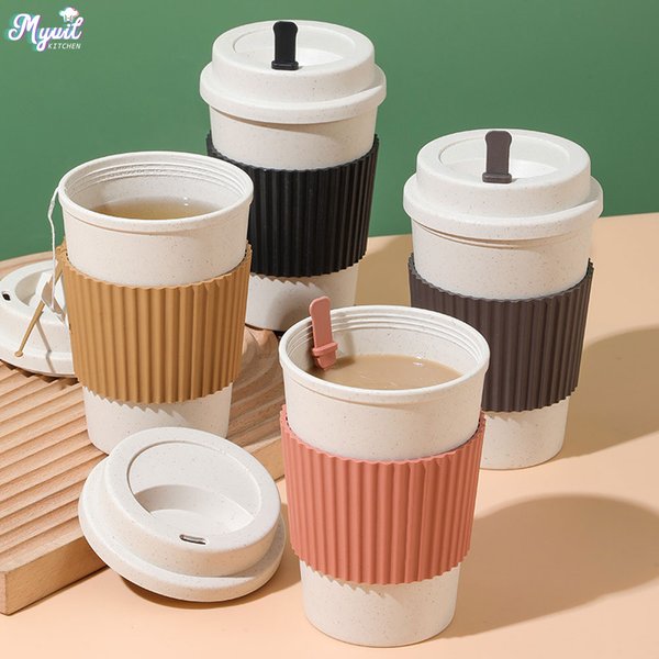 Tasses à café avec couvercles de 450ML, paille de blé, tasse à café Portable réutilisable, lavable au lave-vaisselle, tasse à café, thé, tasses de voyage