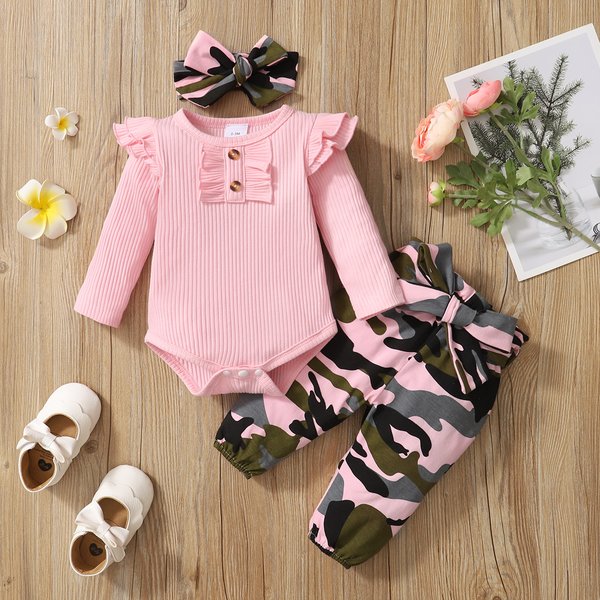 0-18 Monate Neugeborenes Baby Mädchen Kleidung Set Kleinkind Mädchen Langarm Body + Tarnhose + Stirnband Baumwolle Kleidung Anzug