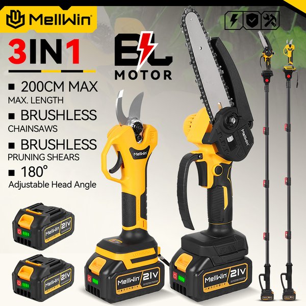 MELLWIN Bürstenloser 4-in-1 Teleskopstab mit 6-Zoll-Kettensäge & 30-mm-Gartenschere Set Gartenpflegewerkzeug für Makita 18V Akku