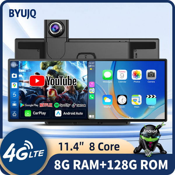 BYUJQ 11,4" 4G Android 14 Carplay Dashcam Rückspiegelkamera 8G+128G Wireless Car Play & Android Auto Split Screen ADAS DVR