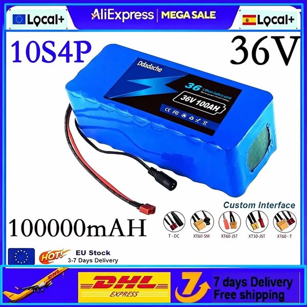 10S4P 100Ah Lithium-Akku, 36V hohe Kapazität, geeignet für Elektrofahrräder und Elektroroller, inklusive BMS 1000W Leistung, wasserdichtes Gehäuse
