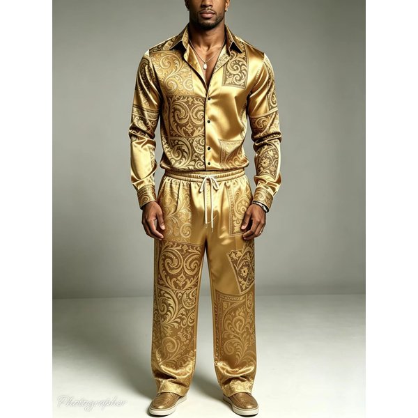 Men's Two-Piece Satin Silk Set Long Sleeved Paisley Printed Shirt & Elastic Waist Pants High-End Gold Party Wedding Casual Set