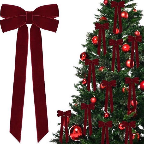 12 Stück burgunderrote Samtschleifen für die Weihnachtsbaumdekoration – festliche Feiertags-Girlandenbänder, weiche Stoffbänder, Feiertagsdekorationen