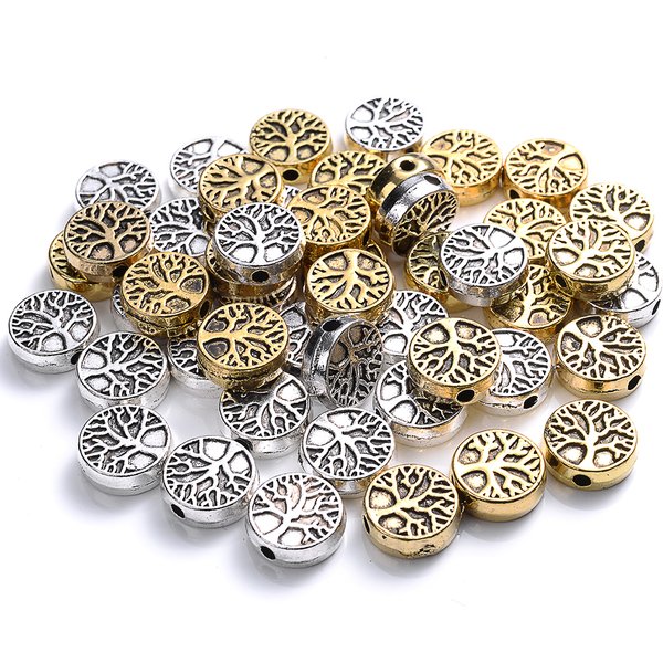 IYOE 30 pièces 9mm perles rondes plates arbre de vie perles d'espacement en métal Antique pour la fabrication de Bracelet de perles bijoux à bricoler soi-même fournitures accessoires
