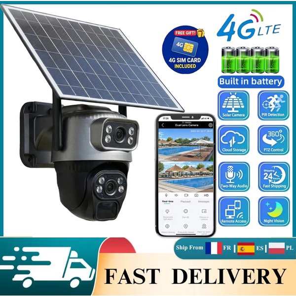 V380 Pro Outdoor-Solarkamera 8MP Dual-Objektiv 4G SIM-Karte Eingebaute Kameras PIR-Menschenerkennung Nachtsicht Wasserdichtes Sicherheitssystem Akku-CCTV