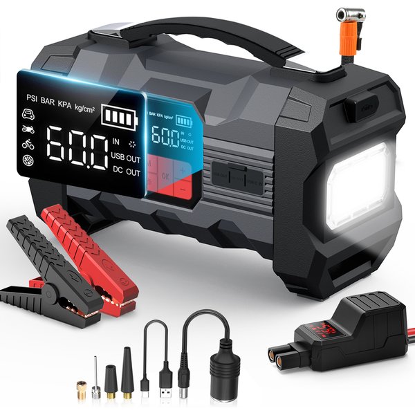 1500A 12V Auto-Starthilfe mit Luftkompressor und Powerbank 26800mAh Spitzenleistung Tragbarer Batteriestarter 150PSI Luftpumpe mit LED-Licht