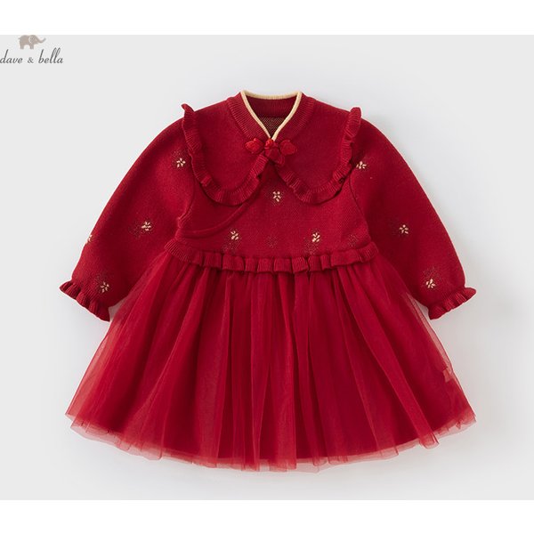 Dave Bella Princess Dress Girls Baby Children 2025 New Autumn Winter Charm Cute Red Fashion Long Sleeved Party Dress DB4243306