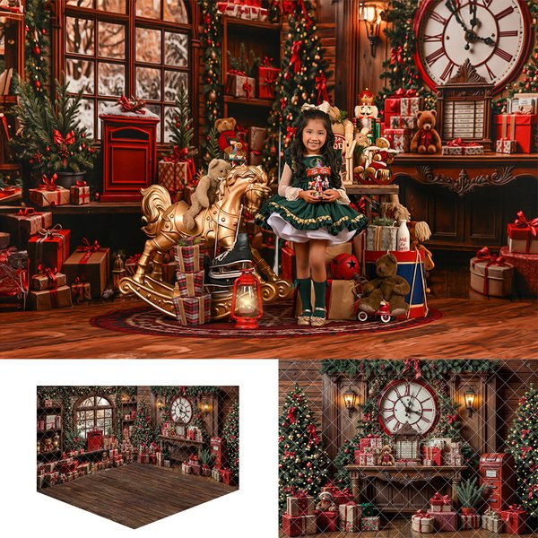 Arrière-plan nostalgique pour chambre de père noël, accessoires de photographie pour enfants et adultes, horloge de fenêtre de noël sur les arrière-plans muraux