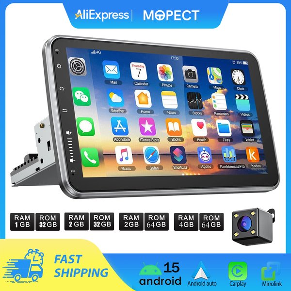 Uniwersalne radio samochodowe MOPECT Android 15 10.1" 360 ° Ekran dotykowy 1 DIN Bezprzewodowy CarPlay Android Auto GPS Navi RDS WiFi Mikrofon FM