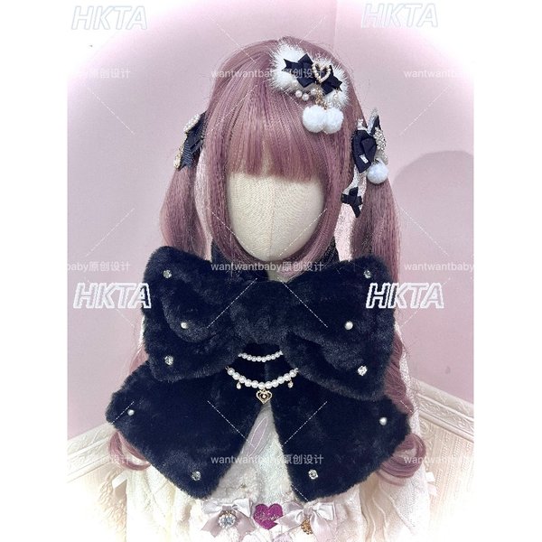 Original japanischer Stil Lolita Kawaii Schals Perle Strass Plüsch Kunstkaninchenfell Schleife Schal warmer flauschiger Schal Halswärmer