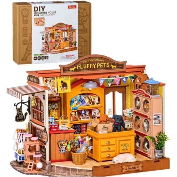 Rolife Pet Store DIY Miniatur-Puppenhaus-Set Fluffy Friends Store Holz-3D-Puzzle-Modell-Set Diorama für Heimdekoration