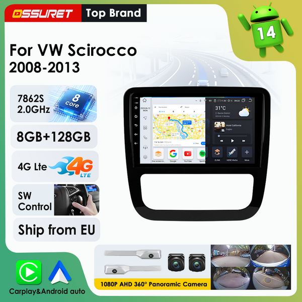 9-Zoll-Wireless-Carplay-Android-Autoradio für VW Scirocco 2008 - 2013 Multimedia-Videoplayer GPS 360-Kamera Autoradio SWC RDS DSP Head Unit 4G Wifi Bildschirm