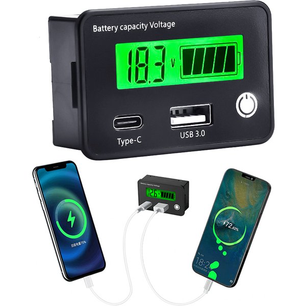 DC8-30V Batteriekapazitätsanzeige Blei-Säure/Lron-Lithium/Ternäre Lithium-Messung mit USB3.0 und Typ-C für Auto und Motorrad
