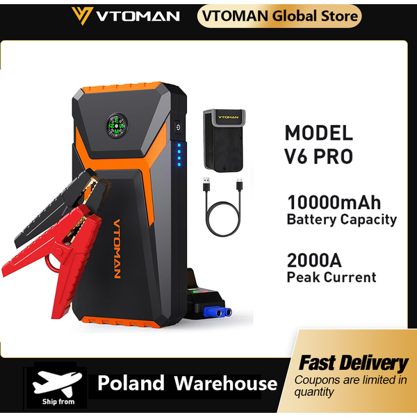 VTOMAN V6 PRO 2000A 12V Auto-Starthilfe für 7.0L Benzin 5.0L Diesel Tragbare Powerbank mit Kompass Notfall-Autobatterie-Booster