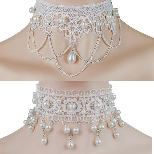 Collier blanc en dentelle de perles pour femmes, boucles d'oreilles à la mode, accessoires lolita