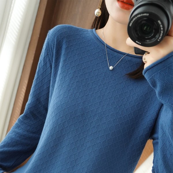 Frauen 100% Baumwolle Pullover Gekräuselt Worden Rundhals Gestrickte Pullover Diamant Grid Weiche Kleidung Langarm Bodenbildung Tops Herbst Winter