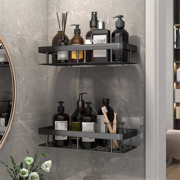 Étagère de salle de bain sans poinçon, support mural de rangement de shampoing pour support de cuisine, organisateur de bain carré en aluminium, accessoire