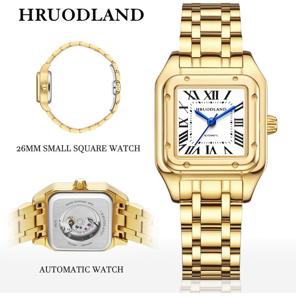 HRUODLAND Luxus Damenuhr 26mm kleine eckige Uhr Automatik Dresswatch mit römischen Ziffern Saphirglas Edelstahlarmband Elegant Klassisch Hochwertig Geschenk für Damen