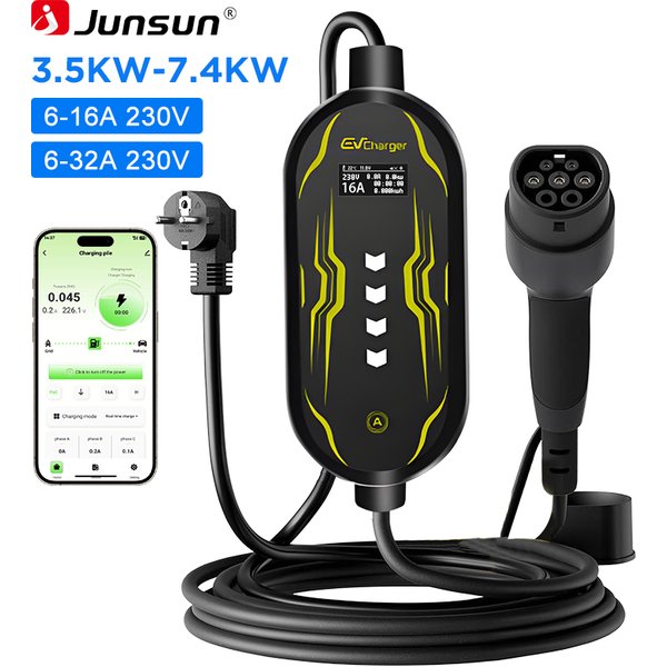 Ładowarka Junsun EV typu 2, kabel do ładowania pojazdów elektrycznych, Schuko 3,5 kW, CEE niebieski 7,4 kW, CEE czerwony 11 kW, 16A 32A, trójfazowa przenośna stacja ładowania EVSE Wallbox z wtyczką