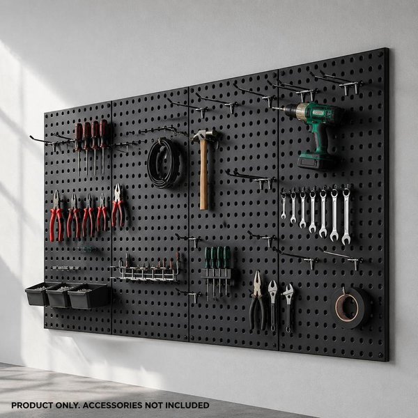 Werkzeugwand, 61 x 30 cm, 4er-Set, Wandorganizer aus Stahl, Werkzeugwand für Wohnzimmer, Garage, Werkzeugaufbewahrung, Werkbank, Büroorganisation, Bastelraum, Küche, Zuhause, Schwarz.