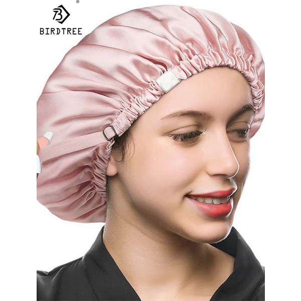 Birdtree 16MM 100% Real Silk Bonnet, Women Double Layer Sleeping Night Cap, Pure Hair Wrap Elastic Headwrap A34324M