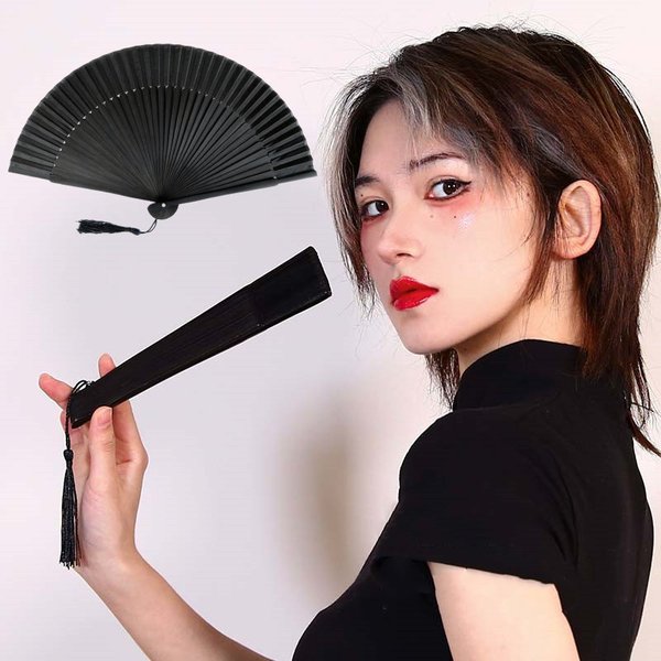 Schwarzer Vintage-Handfächer im chinesischen Stil, faltbar, für Tanz, Hochzeit, Party, Gastgeschenk, chinesischer Tanz, Party, faltbarer Fächer aus schwarzem Stoff