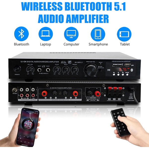 Wzmacniacz dużej mocy AV-369BT 6-kanałowy głośnik Bluetooth 5.1 Wzmacniacz audio stereo Odbiornik Wzmacniacze kina domowego