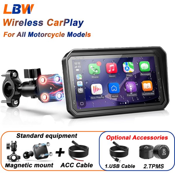 LBW 6-Zoll Wireless CarPlay Android Auto für Motorräder (Navigation) Optionales USB-Stromkabel/TPMS für alle Motorradmodelle