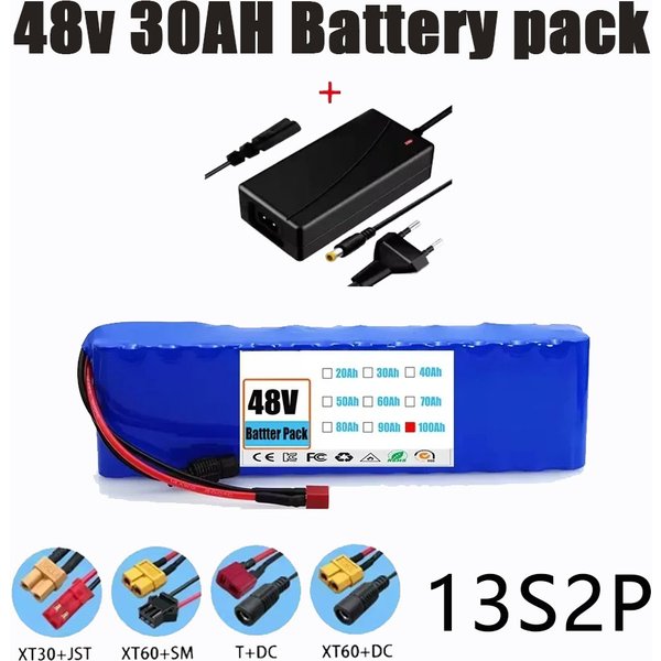 48V 30Ah 100Ah 13S2P Lithium-Ionen-Akkupack mit 250W 350W 500W 750W 1000W BMS und einem kostenlosen 48V/54,6V-Ladegerät