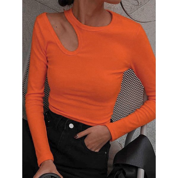 T-shirt manches longues col rond femme, Sexy, ajouré, décontracté, slim, court, couleur unie, élégant, basique, automne 2022